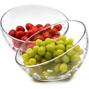 TOSSOW transparent glass set with 2 transparent slanted tilted bowls, suitable for salads, fruits, candies, popcorn, dipping sauces, seasonings, snacks, oatmeal, cat food bowls, plants, etc.