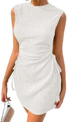 Acelitt Women's Summer Dresses 2026 Beach Casual Crewneck Loose Sundress Ribbed Cut Out Mini Dress, Length: 38 Inches