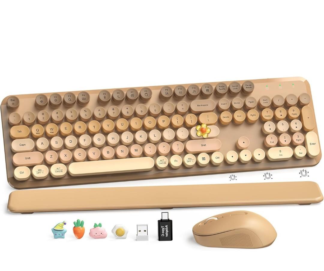 Wireless Keyboard and Mouse Combo, Cute Retro Typewriter Keyboard with Round Keycaps, Full-Size Aesthetic Keyboard with Magnetic Wrist Rest, 2.4GHz USB for Windows/Mac Desktop Laptop (Latte Gradient