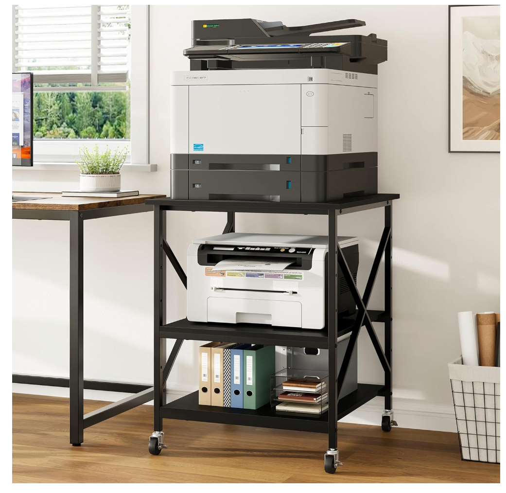 Warmiehomy 24"x24"x30" Large Printer Stand with Storage, 3 Tier Rolling Printer Cart Table, Mini Fridge Stand with Wheels, Use for 3D Laser Printer Home Office, Black