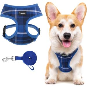 SCENEREAL Puppy Dog Harness with Leash Set for Small Medium Sized Dogs, Soft Mesh Step in Pet Harnesses and Leash, No Chock Plaid Adjustable No Pull Vest for Dogs Cats, Chihuahua,Bulldog (Blue M) (M: Chest Girth: 17"-21")