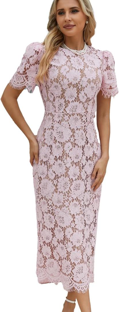 WOCV Women's Long Sleeve Lace Floral Elegant Cocktail Ocassion Party Midi Dress Wedding Guests Dress Pink, XL