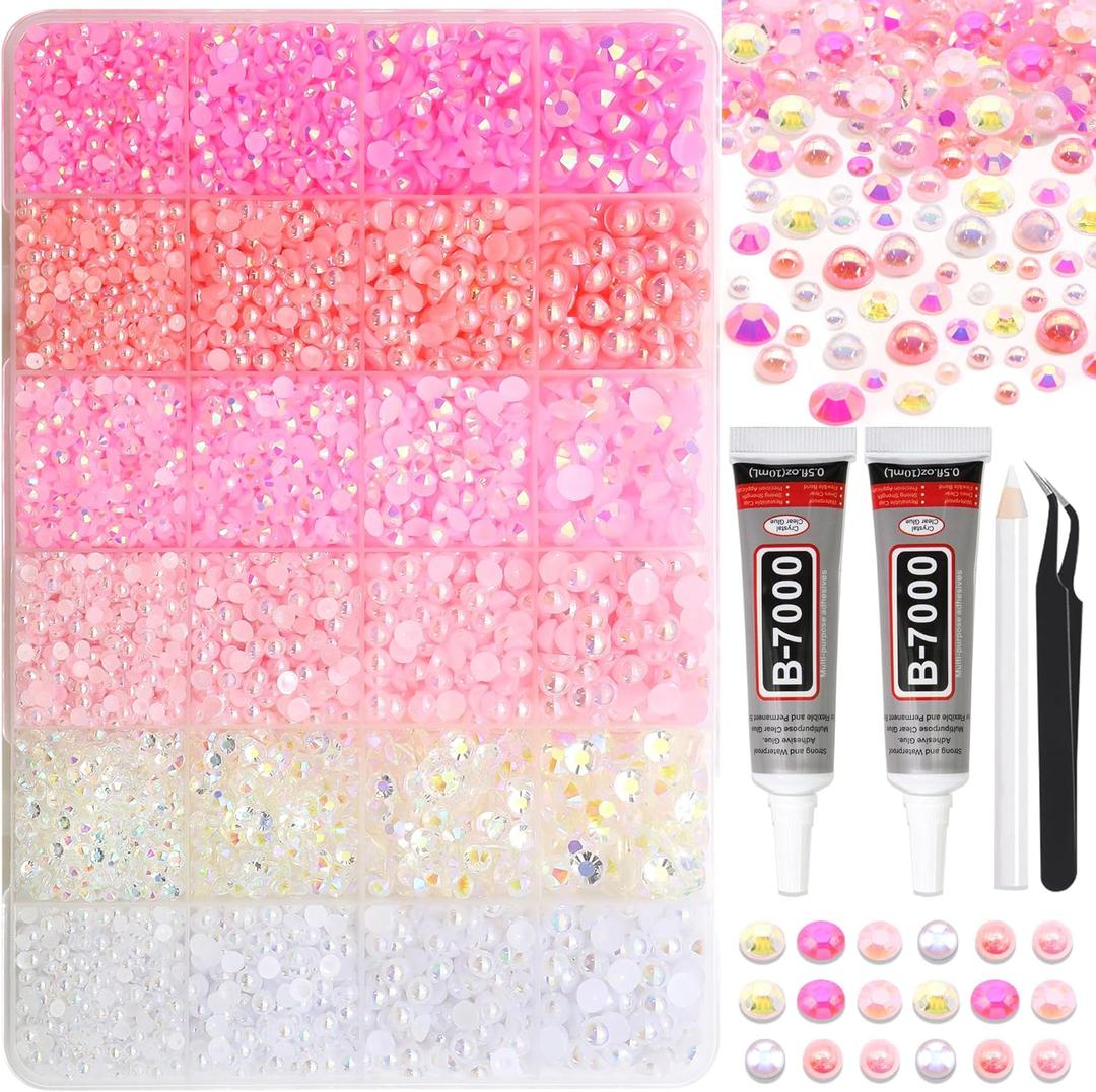 RODAKY Pink Rhinestone Flatback Resin Pearls for Crafting AB Color Jewels Bedazzling Gems 2Pcs 10ml B7000 Jewelry Glues Tweezers Dotting Pen Diamonds for DIY Crafts Clothing Shoes Nail Art