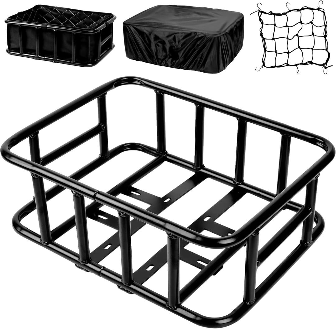 Bike Basket Rear, Large Bicycle Basket with Cargo Net, Liner and Waterproof Cover for Electirc Bike, Ebike and Bikes, Large Capacity Wire Bakset (16.9 x 13 x 5.9")