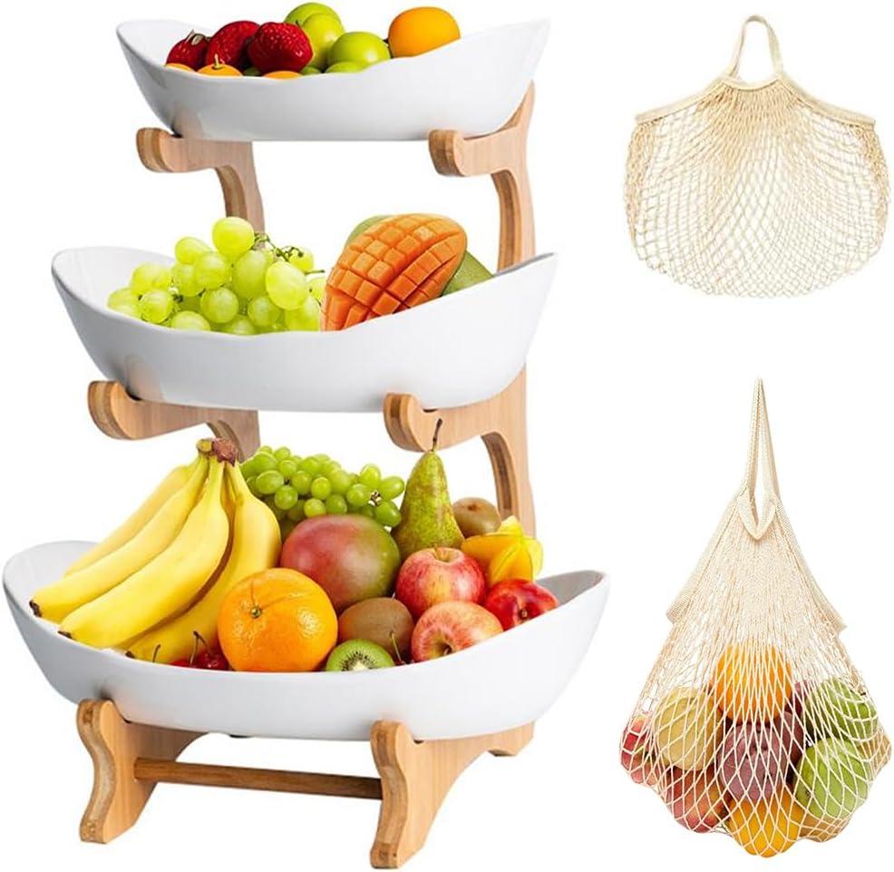 3 Tiered Fruit Bowl, Plastic Vegetable Storage with Bamboo Wood, Fruit Basket with Shopping Mesh Bags for Fruit Vegetable Storage Snack Party