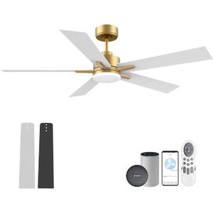 Lorpies 52” Smart Ceiling Fan with LED Lights Remote, Quiet DC Motor, Voice Control via Alexa Google WIFI Phone, Outdoor Indoor Modern Ceiling Fans, Dimmable, for Bedroom Patio Porch, Gold and White Black