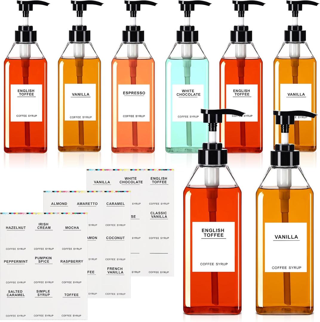 Nuogo 6 Pcs Coffee Syrup Dispenser Bottles Set 750ml, 500ml, 300ml, 150ml PET Black Syrup Bottles with Pump Dispenser 27 Labels for Coffee Bar Kitchen Accessories Portable Travel(16.9 oz,Square)