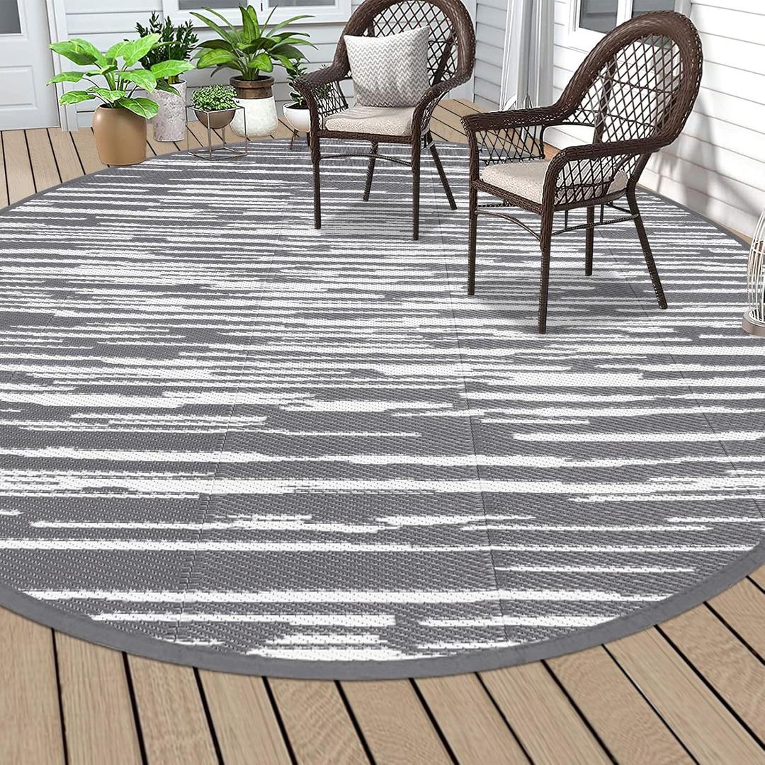 HEBE Round Outdoor Rug 8' Waterproof for Patios Clearance, Reversible Plastic Straw Rug Camping Carpet, Indoor Outdoor Area Rugs Patio Mats for RV,Picnic,Backyard,Deck,Balcony,Porch (Stripe/Grey)