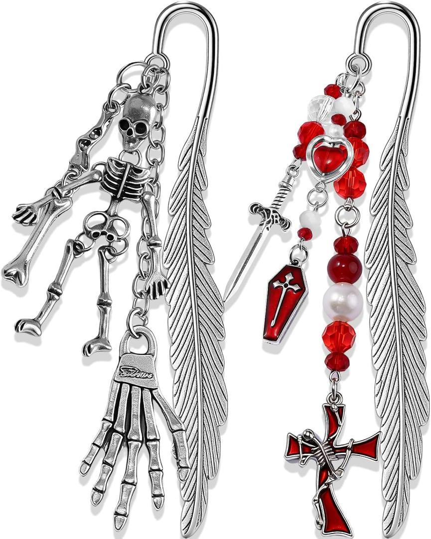 Buleens 2 Pack Bookmarks for Women Reading - Book Marks for Readers Book Lovers, Gothic Red Sword Skull Skeleton Personalized Metal Bookmark with Pendants, Aesthetic Book Accessories Reading Gifts
