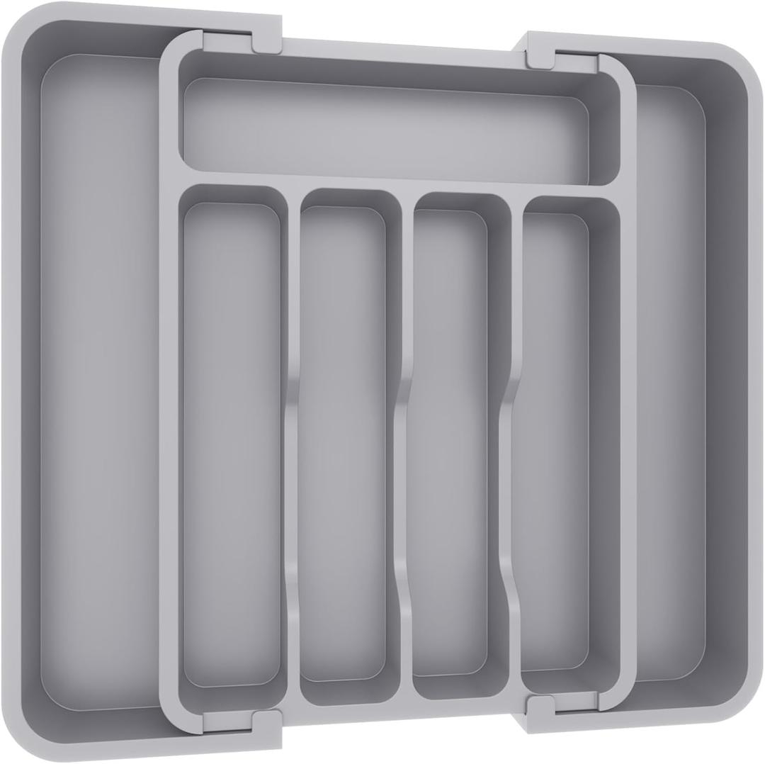 Lifewit Silverware Drawer Organizer, Expandable BPA Free Utensil Tray for Kitchen, Adjustable Flatware and Cutlery Holder for Spoons Forks Knives, Plastic Kitchen Organizers and Storage, Gray (M8.9-14.7''W x 12.2''D)
