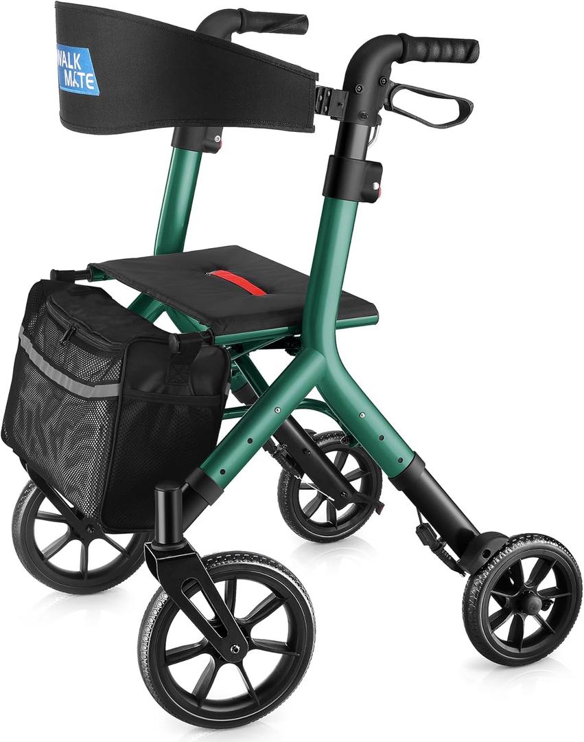 WALK MATE Rollator Walker for Seniors Taller 5.3~7ft with Height-Adjustable Seat, 10 Inch Wheels Wire-Hidden Walkers Compact Folding Design Lightweight Mobility Walking Aid Widen Backrest, Green