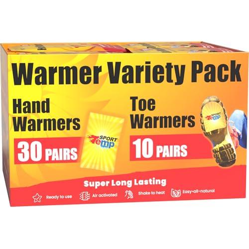 Hand & Toe Warmers - Variety Pack, 30 Pairs Hand Warmers, 10 Pairs Toe Warmers With Adhesive - Safe, Easy, All Natural - Air Activated, Body, Hands & Toes -Odorless Hot Hand & Toe Warmer - Sport Temp