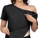 Women's Post Shoulder Surgery Tear Away Shirt Short Sleeve Side Snap Chemo Port Postpartum Shirts Adaptive Clothing (Black, S)