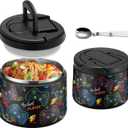 14oz Insulated Vacuum Food Jar with Buckle Lid,Soup Thermo for Hot Food Kids,Wide Mouth Leakproof Stainless Steel Lunch Container with Spoon-Black Game