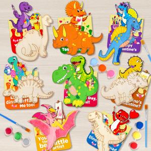 FUNID Dinosaur Valentines Day Gifts for Kids - 32 PCS Valentines Cards Classroom with Art Supplies - Dinosaur Wood Painting Kits for School Preschool Gift Prizes Exchanges - Boy Valentine Party Favors