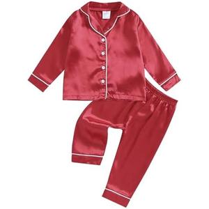 Multitrust Baby Girls Boys Silk Pajamas Set Solid Long Sleeve Button Down Shirts Tops and Pants Infant Satin Pj Lounge Sets, 90
