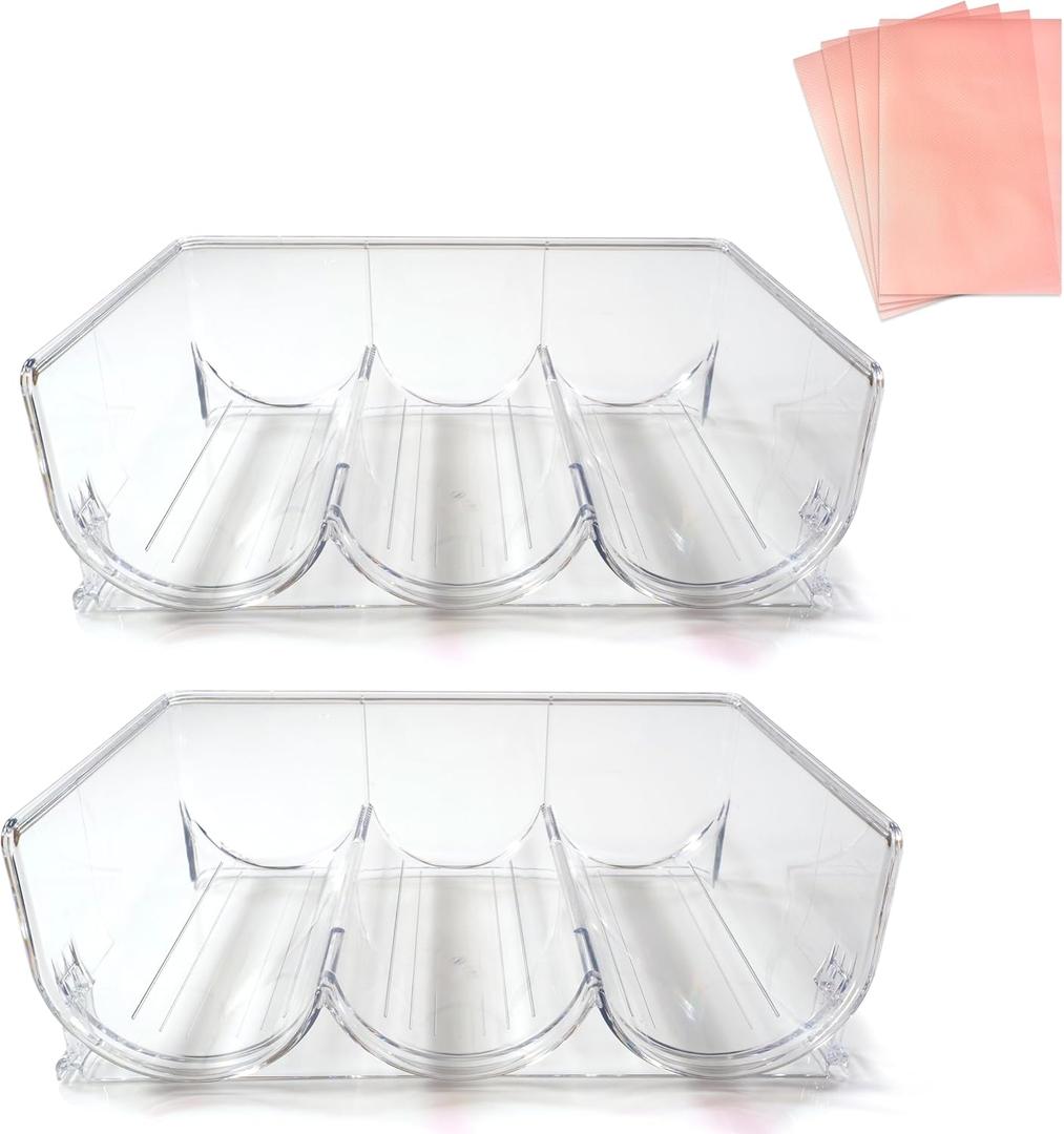 Wine Storage Rack for Fridge 2 Pack - Stackable Bottle Holder Organizer for Refrigerator - Plastic Shelf for Bottles - Complete with 4 Fridge Liners