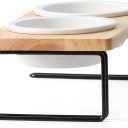 FUKUMARU Elevated Cat Ceramic Bowls, Small Dog Raised Food Feeding Dishes, Solid Wood Water Stand Feeder Set for Cats and Puppy (Beige)