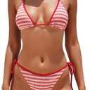 BERLOOK Womens Two Piece Bikini Swimsuit Sexy Halter Triangle String Bikini Sets Cheeky Side Tie Bathing Suits (Small, Red White Zebra)