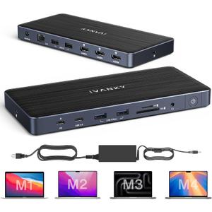 iVANKY 14-in-1 FusionDock Pro 1+ for M2/ M3/ M4/M5 MacBook DisplayLink Docking Station with 180W Power Adapter, Triple 4K@60Hz Monitor Mac mini Air Dock 3HDMI 2.0, 96W PD, 10Gbps, 2.5GbE, SD/TF 4.0, Black