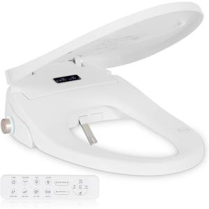 Smart Heated Toilet Seat for Elongated V-Shaped Toilets Bidet Warm Water Wash, Self-Cleaning Nozzle, Warm Air Dryer, Deodorizer, Soft-Close Lid, LED Night Light & Remote Control, Easy Install