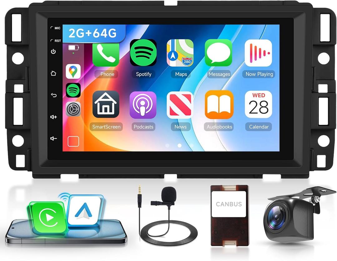 2G+64G Android Car Stereo for Chevy Silverado GMC Sierra Yukon 2007-2013 with Wireless CarPlay Android Auto, 7 Inch Touchscreen Car Radio GPS Navigation WiFi SWC Bluetooth with Backup Camera