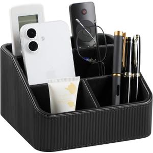 Remote Control Holder with 4 Compartments, PU Leather Small Nightstand Organizer for Home Desk Accessories Office Supplies, Multifunctional Stylish Small Bedside Desktop Organizers (Black)