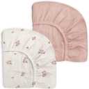 Pack and Play Sheets for Baby Boy and Girl 2 Pack, Neutral Muslin Cotton Pack N Play Mattresses Sheet 27"x39", Muslin Nursery Bedding Soft and Breathable Comfort (Vintage Blossom & Pink)