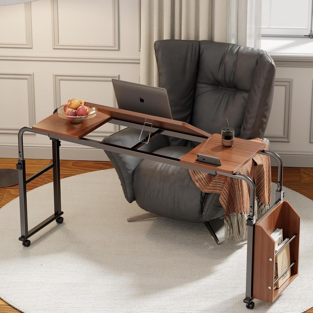 Overbed Table with Wheels, Adjustable Height & Length Rolling Desk for Bed, Over Bed Table with Storage Cabinet and Charging Station, Rolling Laptop Desk for Bedroom, Living Room (Brown, 31.49in)