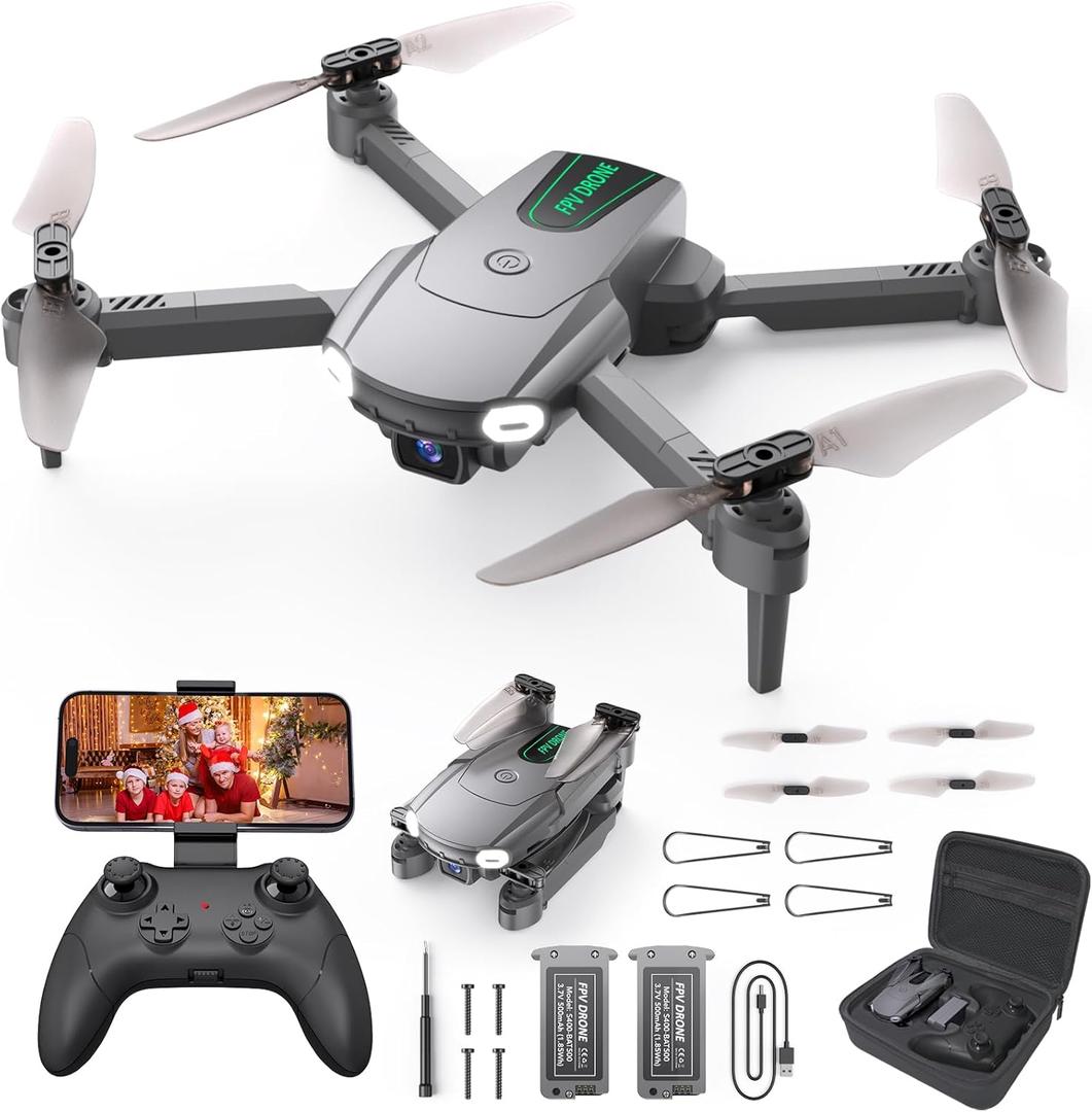 Foldable Drone with Camera for Kids Beginners - Remote Control Helicopter Toys Gifts for Boys Girls, 1080P HD FPV RC Drones with 2 Batteries, One Key Start, Carrying Case, Gesture Selfie, Dark Grey
