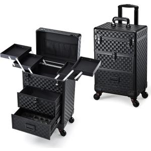 Stagiant Rolling Makeup Case with Drawers Cosmetology Case on Wheels 3 IN 1 Makeup Case 2 Drawers with Foot Stand Spring-release Mechanism Rolling Make Up Organizer for Artist Salon Nail Teach Trunk