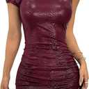 Milumia Women's Off Shoulder Pu Leather Mini Dress Sexy Drawstring Ruched Party Club Short Dresses (Large, Burgundy)