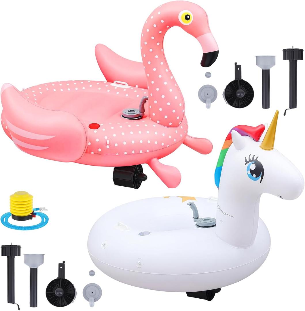 2 Pack Motorized Pool Float for Adult, Inflatable Pool Lounger Chair Pink Flamingo Unicorn River Tube Floating with Pusher Handles Cup Holder and Pump Waterproof for Party Beach Outdoor