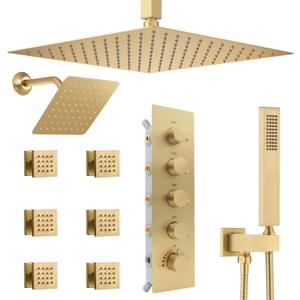 Thermostatic Shower System Dual Shower Heads with 16" Ceiling Mounted Rain Shower Head & 6" Wall Mounted Head 4 Function Shower System with body jets Can All Run Together, Brushed Gold
