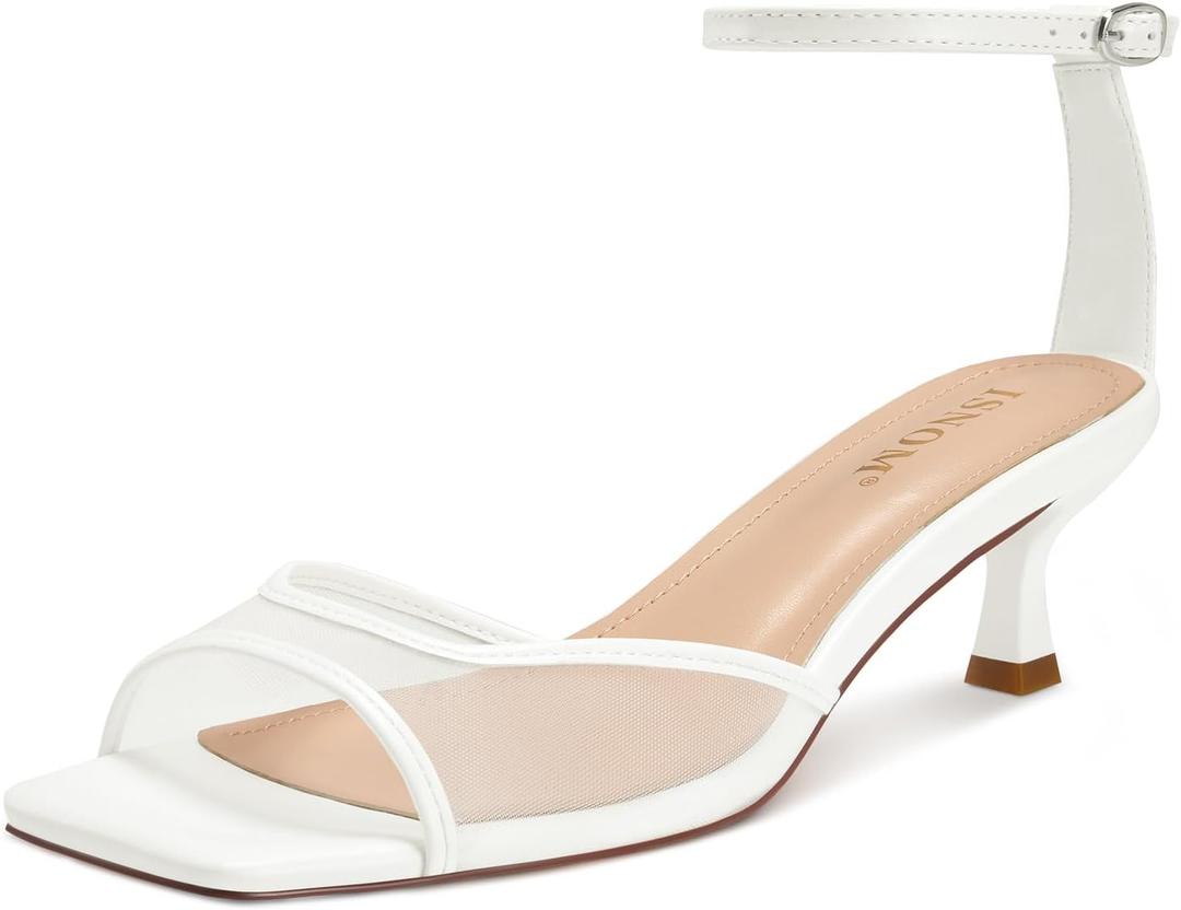 ISNOM Womens Mesh Kitten Heels Sandals Square Toe Ankle Buckle Strap Low Heels Comfort Summer Dress Shoes (White, US 8)