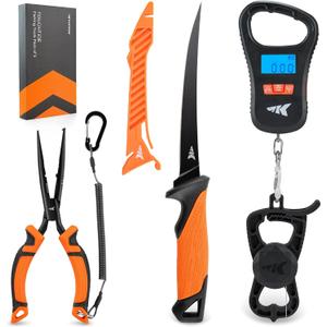 KastKing ToughTide Fishing Tool Kit, Rechargeable Digital Fish Scale with Lip Grip & Tape Measure, 7 Fillet Knife with Sheath & Sharpener, 8 Split Ring Fishing Pliers