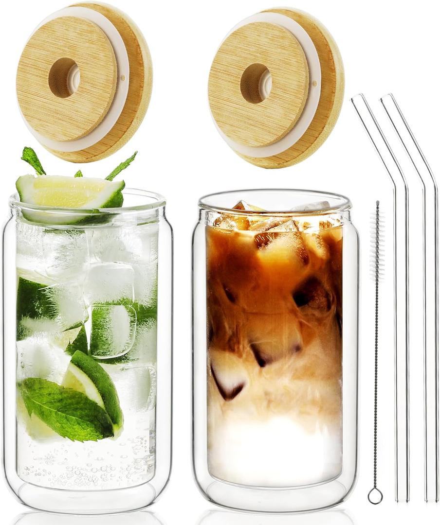 LIBWYS 12oz Double Wall Drinking Glass Cups with Bamboo Lids and Straws, 2 Pc Set  Condensation Resistant Insulated Glass Can Tumblers for Cold Drinks, Iced Coffee, Tea, Juice, Cleaning Brush