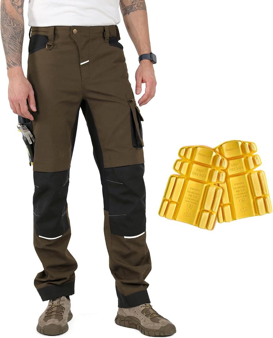 Ellobird Men's Construction Work Utility Pants Relaxed Fit Stretch Flex Cordura Double Knee Reinforcement Carpenter Cargo