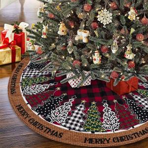 Christmas Tree Skirt 48 Inch, Red and Black Buffalo Plaid Xmas Tree Skirts, Winter Christmas Trees Mat for Home Party Holiday Indoor Outdoor Decorations