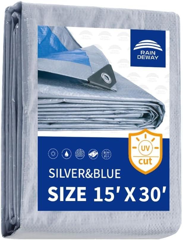 RAINDEWAY Tarps - 15x30 Feet, 5.5 Mil Thick, Multipurpose Waterproof Poly Tarp Cover with Metal Grommets and Reinforced Edges, Silver/Blue Large Tarp