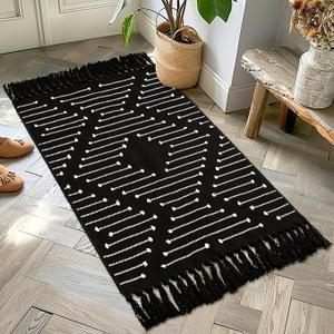 LIVEBOX Boho Kitchen Rug 2' x 4.3' Washable Bathroom Runner with Tassel, Moroccan Black Area Rugs Small Woven Cotton Throw Rug for Entryway Laundry Room Hallway