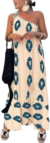 PRETTYGARDEN Women's 2026 Summer One Shoulder Maxi Dress Printed Flowy Boho Long Sundresses Spring Beach Vacation Clothes, Size XL