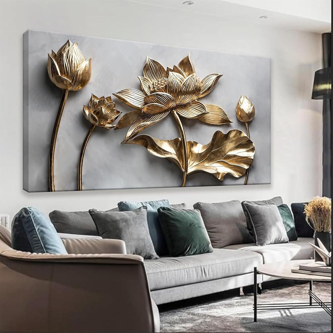 Floral Wall Art For Living Room Modern Canvas Art Wall Decor Print Painting Prints Pictures Gold Flower Wall Art Picture For Bedroom Hotel Home Wall Decor 24 X 48 Inch