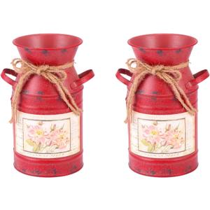 PRETYZOOM 2 Pcs Handmade Iron Flower Bucket Primitive Flowers Container Farmhouse Jug Vase Rustic Flower Bucket Decorative Flower Vase Galvanized French Bucket Red Ornaments European Style