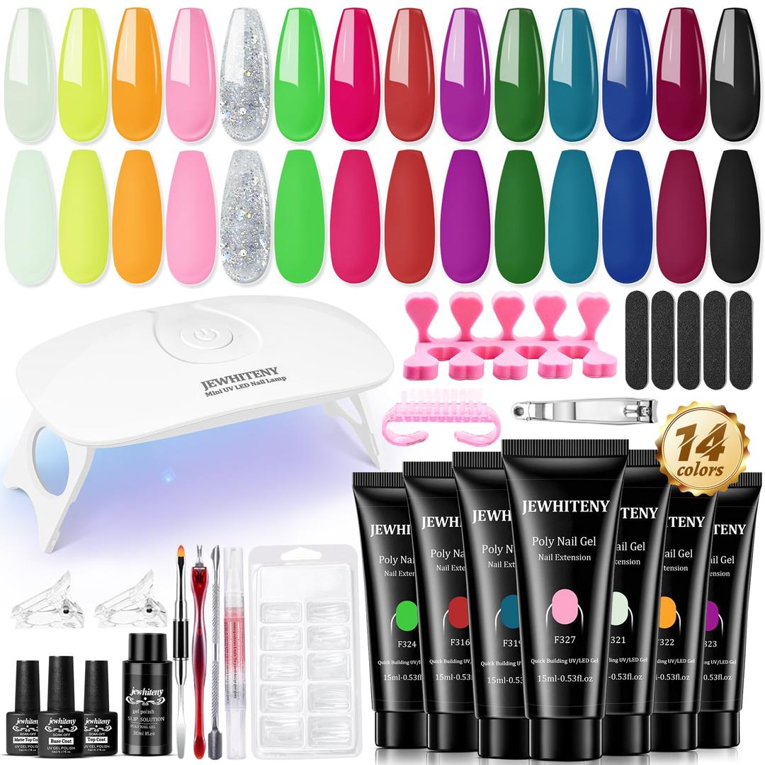 JEWHITENY 14 Colors Poly Nail Extension gel Kit with U V Lamp Pink Red Blue Nude Builder Jelly Manicure Enhancement Starter Set DIY At Home All In One for Starter Gift For Women (F315-F328 MINI KIT)