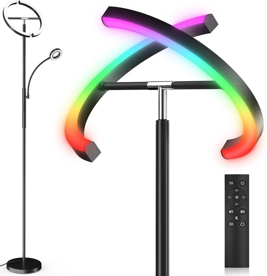 SIBRILLE Upgraded 36W RGBCW Floor Lamp with Ring Reading Lamp, Rotatable Remote Control LED Standing Lamp Dimmable Floor Light Modern Standing Light for Living Room Bedroom Home Office, Black
