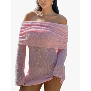 Unybwonn Women's Off Shoulder Mini Short Dress Bodycon Long Sleeve Crochet Sexy Going Out Mesh Elegant Sweater Dresses,S