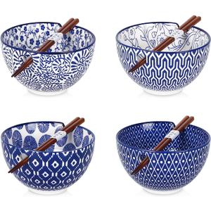 Selamica Ceramic Ramen Bowls Set, 15 OZ Noodle Bowls for Kitchen with Chopsticks, Deep Soup Bowls for Japanese Ramen Udon Soba, Microwave Dishwasher Safe, Set of 4, Vintage Blue