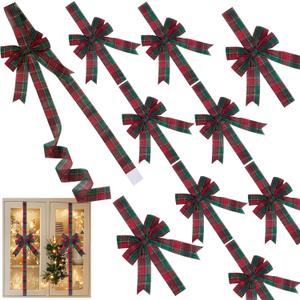 SIMISI RIBBON 10 Pcs Red Green Plaid Christmas Cabinet Door Ribbon Bows Large Bow for Fireplace, Kitchen, Home, Xmas