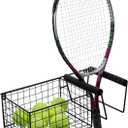 MyGift Hanging Metal Tennis Racquet and Tennis Ball Storage Basket Rack, Wall Mounted Racket Holder